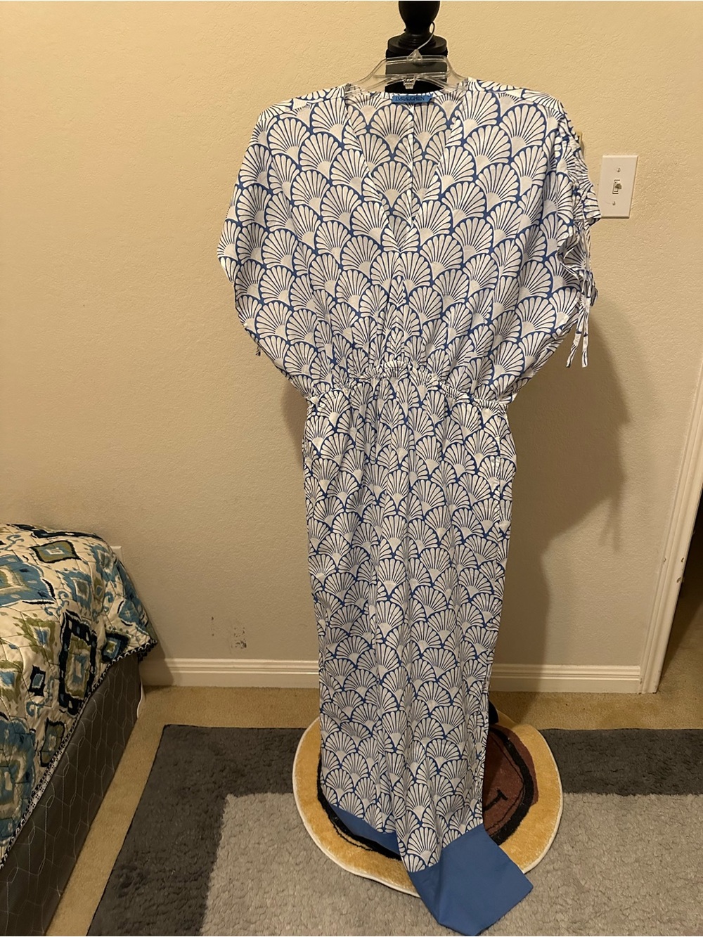 J. McLaughlin Etta Dress NWT size Medium Blue White Deco Shell Cotton Maxi - Picture 7 of 15